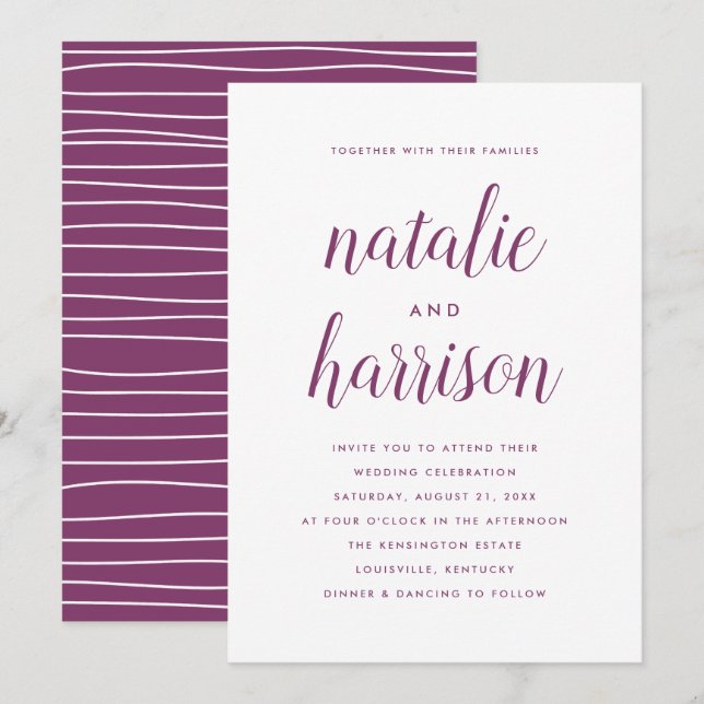 Simple Modern Purple Script Wedding Invitation (Front/Back)