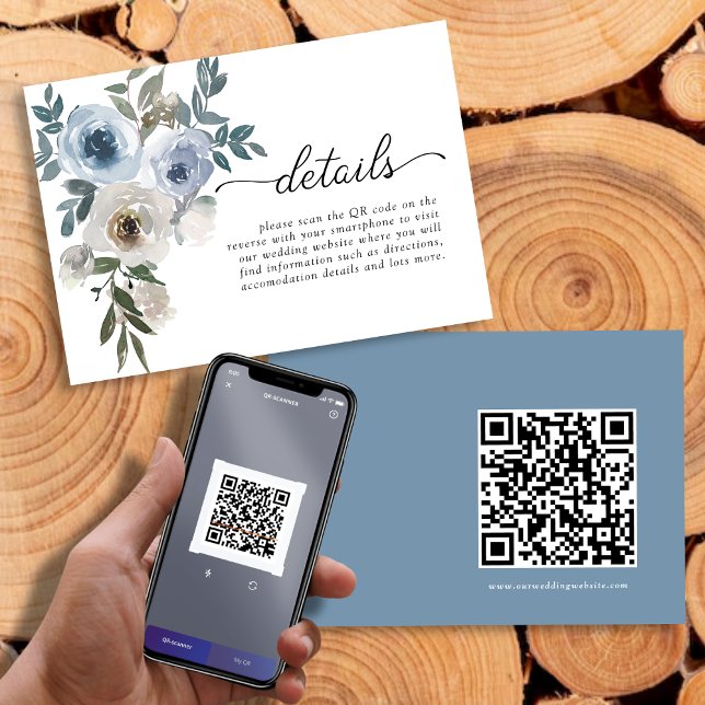 Simple Modern QR code Dusty Blue Floral Wedding Enclosure Card (Simple Modern QR code Dusty Blue Floral Wedding Enclosure Card)