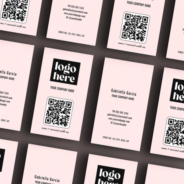 Simple Modern QR Code Logo Pink Business Card (Business cards shown in standard size, front and back.)