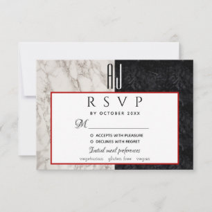 Simple Modern Red Black and White Marble Wedding RSVP Card