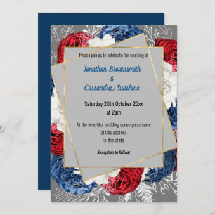 SIMPLE MODERN RED BLUE GREY FLORAL WEDDING INVITATION