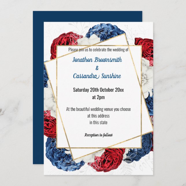 SIMPLE MODERN RED BLUE GREY FLORAL WEDDING WHITE INVITATION (Front/Back)