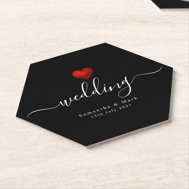Simple Modern Red Heart Black Wedding Paper Coaster (Angled)