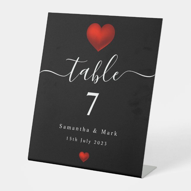 Simple Modern Red Heart Black Wedding Pedestal Sign (Front)