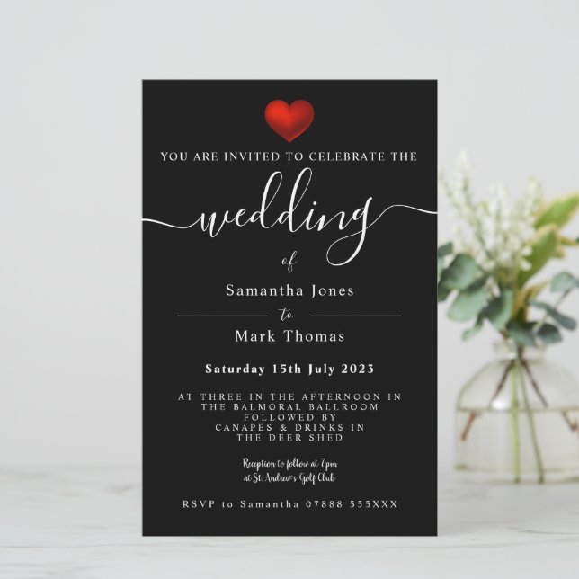 Simple Modern Red Heart Black Wedding Stationery (Standing Front)