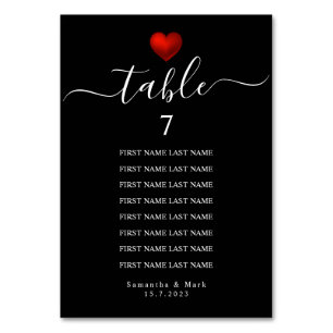 Simple Modern Red Heart Black Wedding Table Number