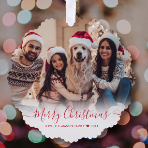 Simple Modern Red Script 2 Photo Christmas Ornament Card