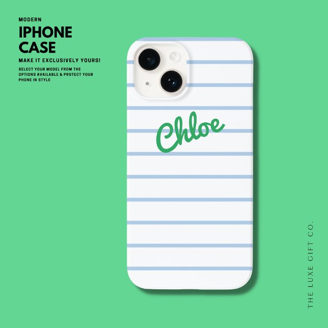 Simple Modern Retro Blue and Gree Thin Stripe Name Case-Mate iPhone Case (Creator Uploaded)