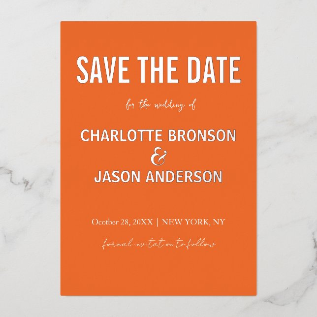 Simple Modern Retro Orange Save The Date Silver (Front)