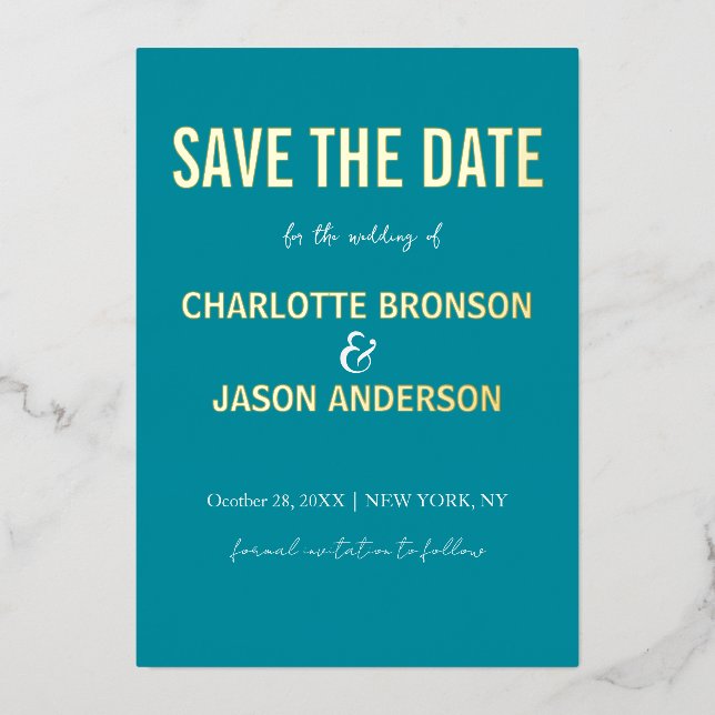 Simple Modern Retro Teal Save The Date Gold   (Front)