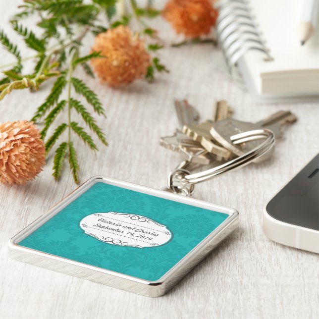 Simple Modern Retro Turquoise Mint Damask Wedding Keychain (Side)