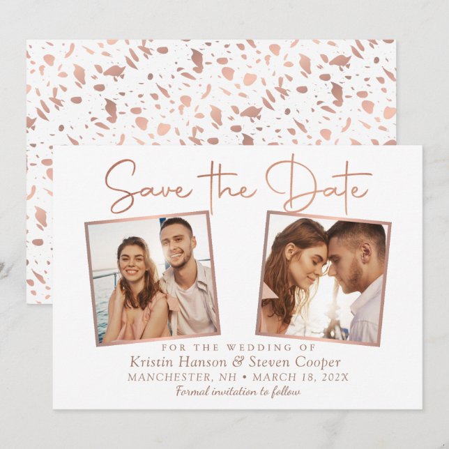 Simple Modern Rose Gold 2 Photo Save The Date Card (Front/Back)