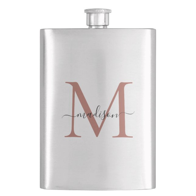 Simple Modern Rose Gold Monogram Girly Script Name Hip Flask (Front)