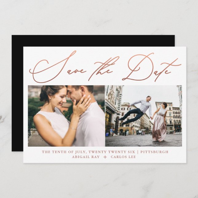 Simple Modern Rose Gold Script Photo Black Save The Date (Front/Back)
