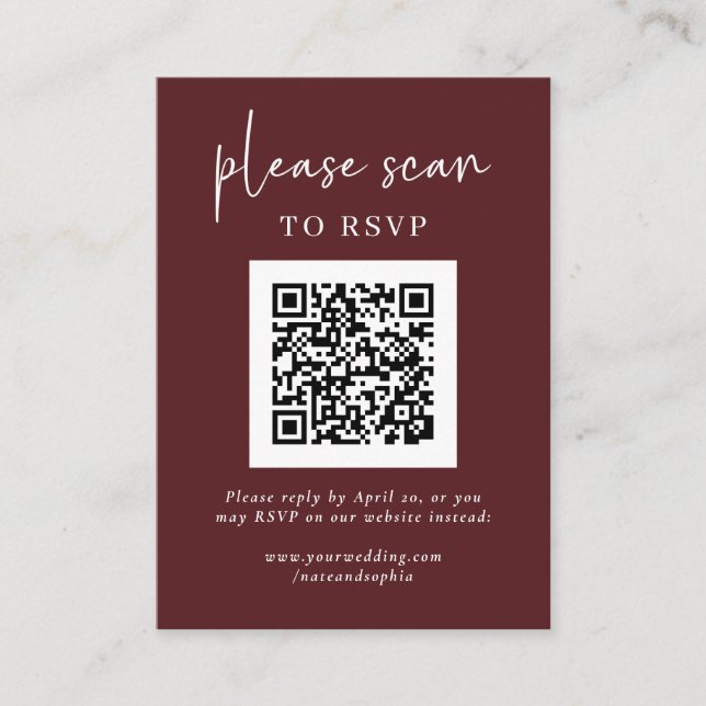 Simple Modern RSVP with QR Code | Burgundy Enclosure Card (Front)