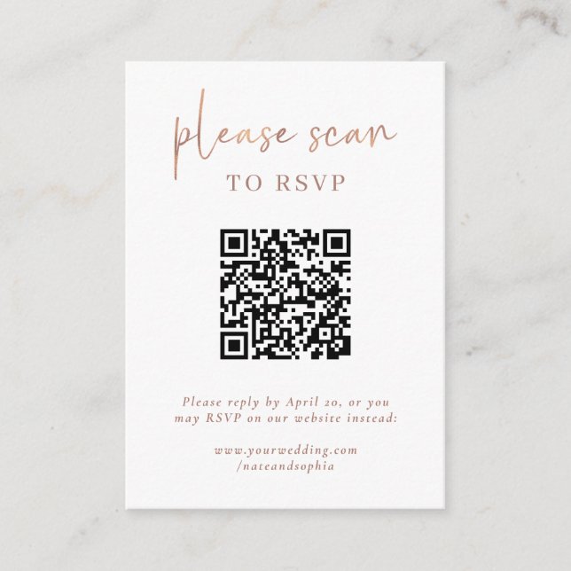 Simple Modern RSVP with QR Code | Faux Rose Gold Enclosure Card (Front)