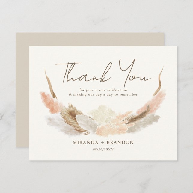 Simple Modern Rustic Pampas Grass Wedding Thank You Card (Front/Back)
