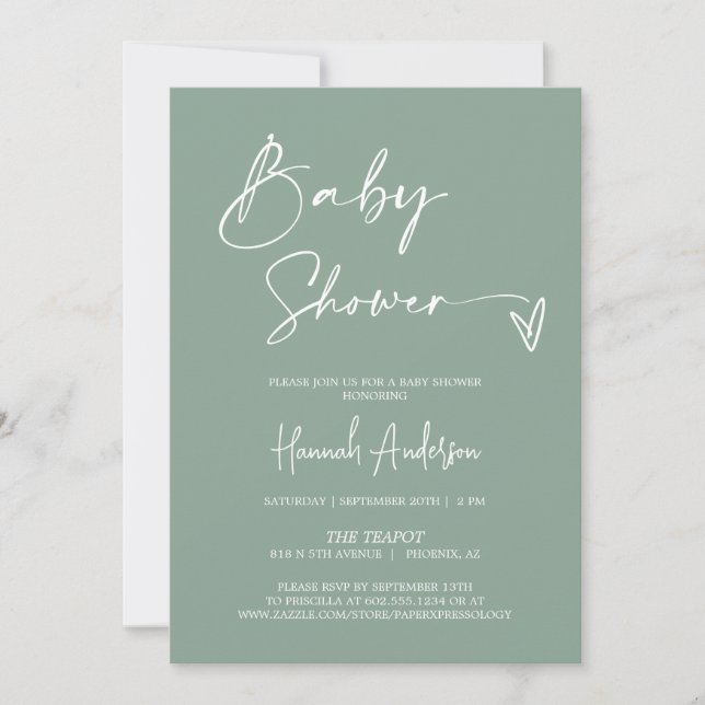 Simple Modern Sage Green Baby Shower QR Code Photo Invitation (Front)