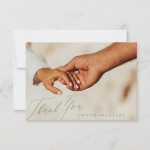 Simple Modern Sage Green Calligraphy Wedding Photo Thank You Card