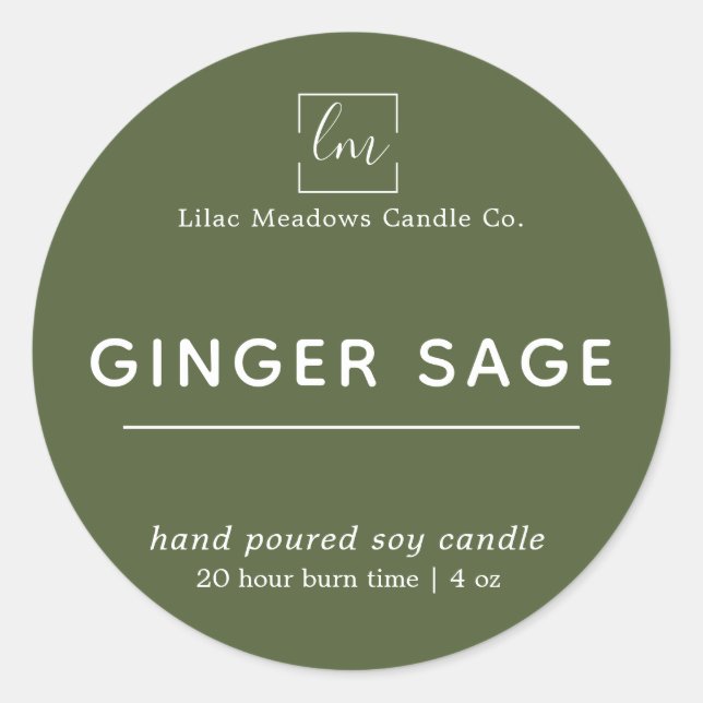 Simple Modern Sage Green Logo Candle Round Label (Front)