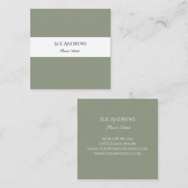 Simple Modern Sage Green Personalized Artist  Square Business Card (Front/Back)