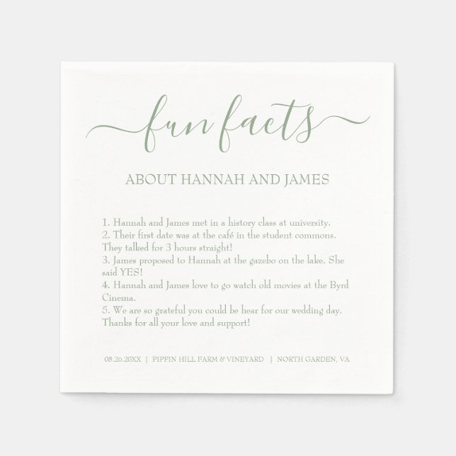 Simple Modern Sage Green Script Fun Facts Wedding Napkin (Front)