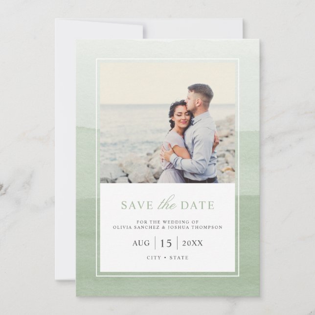 Simple Modern Sage Green Watercolor Photo Save The Date (Front)