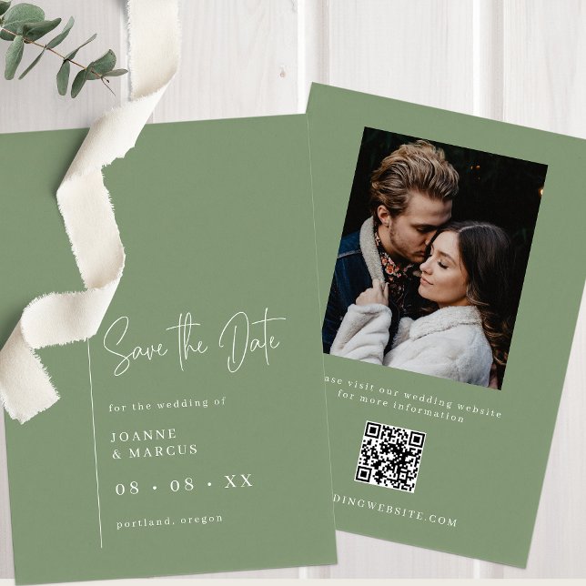 Simple Modern Sage Photo & QR Code Save The Date (Creator Uploaded)