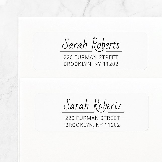 Simple Modern Script 03. Custom Return Address (Modern hand lettered script basic return address label template with fine line in black and white.)
