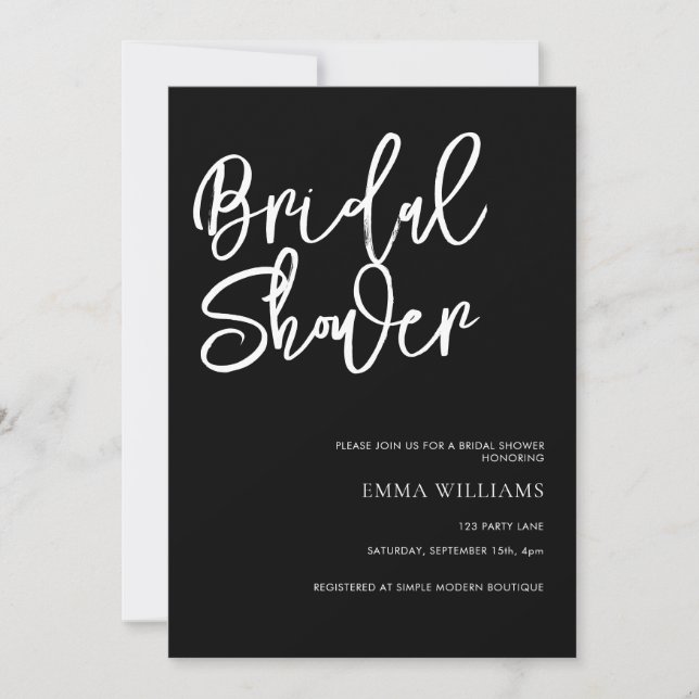 Simple Modern Script Black and White Bridal Shower Invitation (Front)