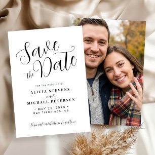 Simple modern script black and white photo wedding save the date