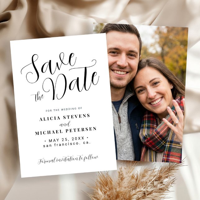 Simple modern script black and white photo wedding save the date (Creator Uploaded)