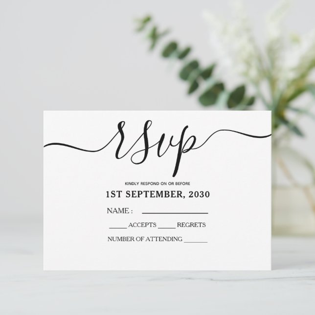 Simple Modern Script Black And White RSVP Card (Standing Front)