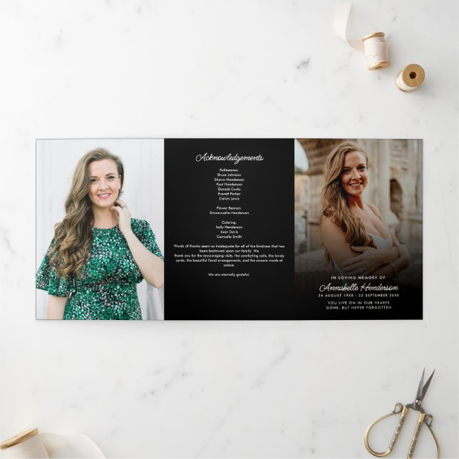 Simple Modern Script Black Funeral/Memorial Tri-Fold Programme (Outside)