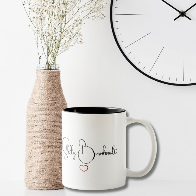 Simple Modern Script Black White Personalized Chic Two-Tone Coffee Mug (Creator Uploaded)
