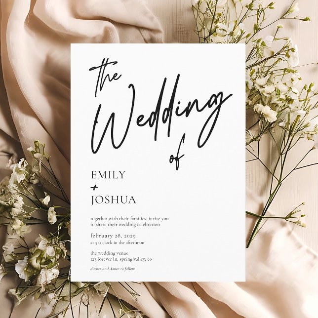 Simple Modern Script Black White Wedding Invitation (Front of the wedding invitation shown in 5x7 inches. Choose paper, size and corner style.)
