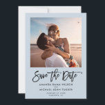Simple Modern Script Dusty Blue Chic Photo Save The Date<br><div class="desc">Minimalist Modern Save the Date announcement with trendy brush script hand lettered typography on dusty blue with your personal photo alongside your names and date of the wedding.</div>