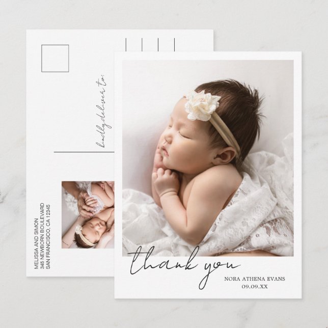 Simple Modern Script Elegant Photo Thank You Birth Announcement Postcard (Front/Back)