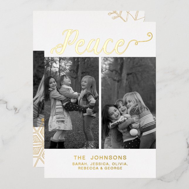 Simple Modern Script Handwritten Peace 3 photos Foil Holiday Card (Front/Back)