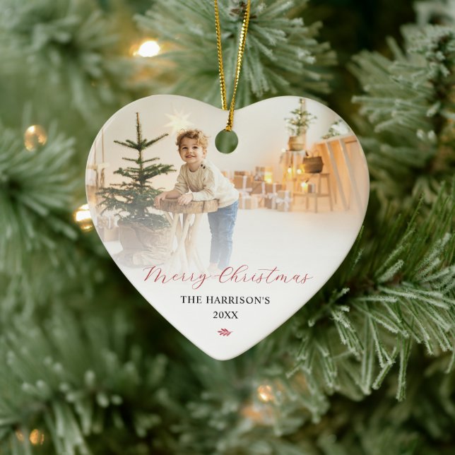 Simple Modern Script Merry Christmas Photo Ceramic Ornament (Tree)