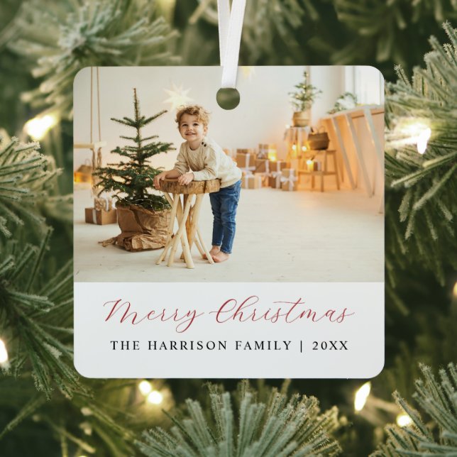 Simple Modern Script Merry Christmas Photo Metal Ornament (Insitu)