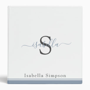 Simple Modern Script Monogram Elegant Dusty Blue 3 Binder