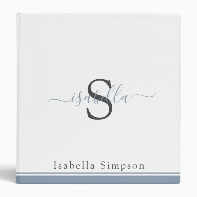 Simple Modern Script Monogram Elegant Dusty Blue 3 Binder (Front)
