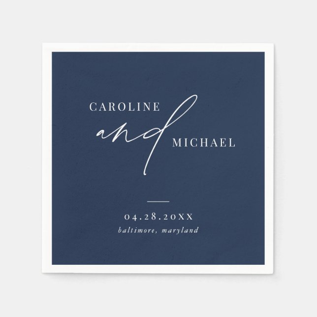 Simple Modern Script Names Navy Blue Wedding Napkin (Front)