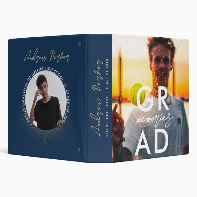 Simple Modern Script Navy Blue Grad Memories Photo Binder (Background)