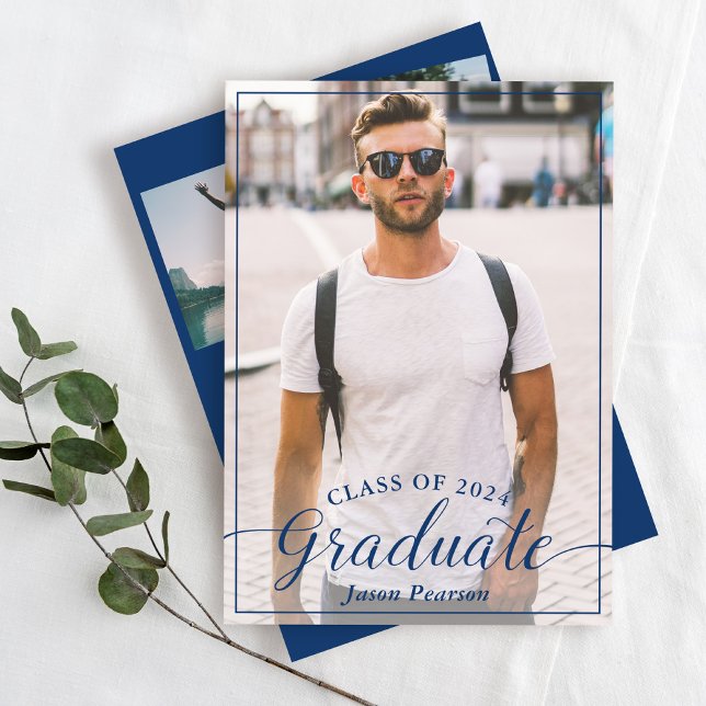 Simple Modern Script Navy Blue Graduation 3 Photo  Invitation (Creator Uploaded)