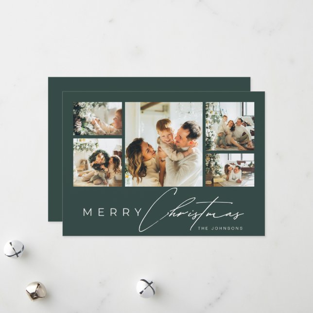 Simple Modern Script Photo Collage Green Christmas Holiday Card (Front/Back In Situ)