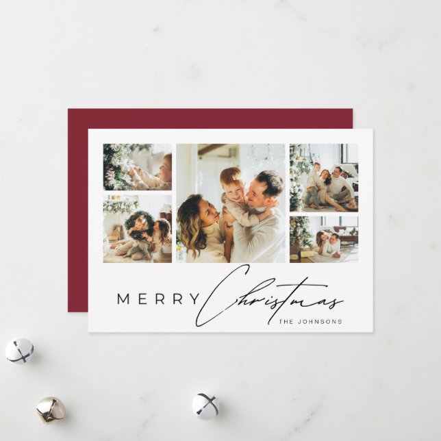 Simple Modern Script Photo Collage Red Christmas Holiday Card (Front/Back In Situ)