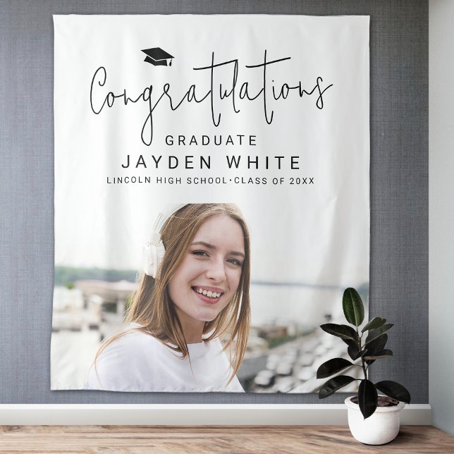 Simple Modern Script Photo Graduation Party Tapestry (Simple Modern Script Photo Graduation Party Tapestry)