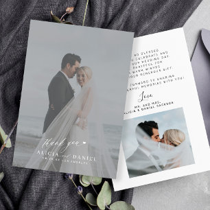 Simple modern script photo overlay wedding thank you card